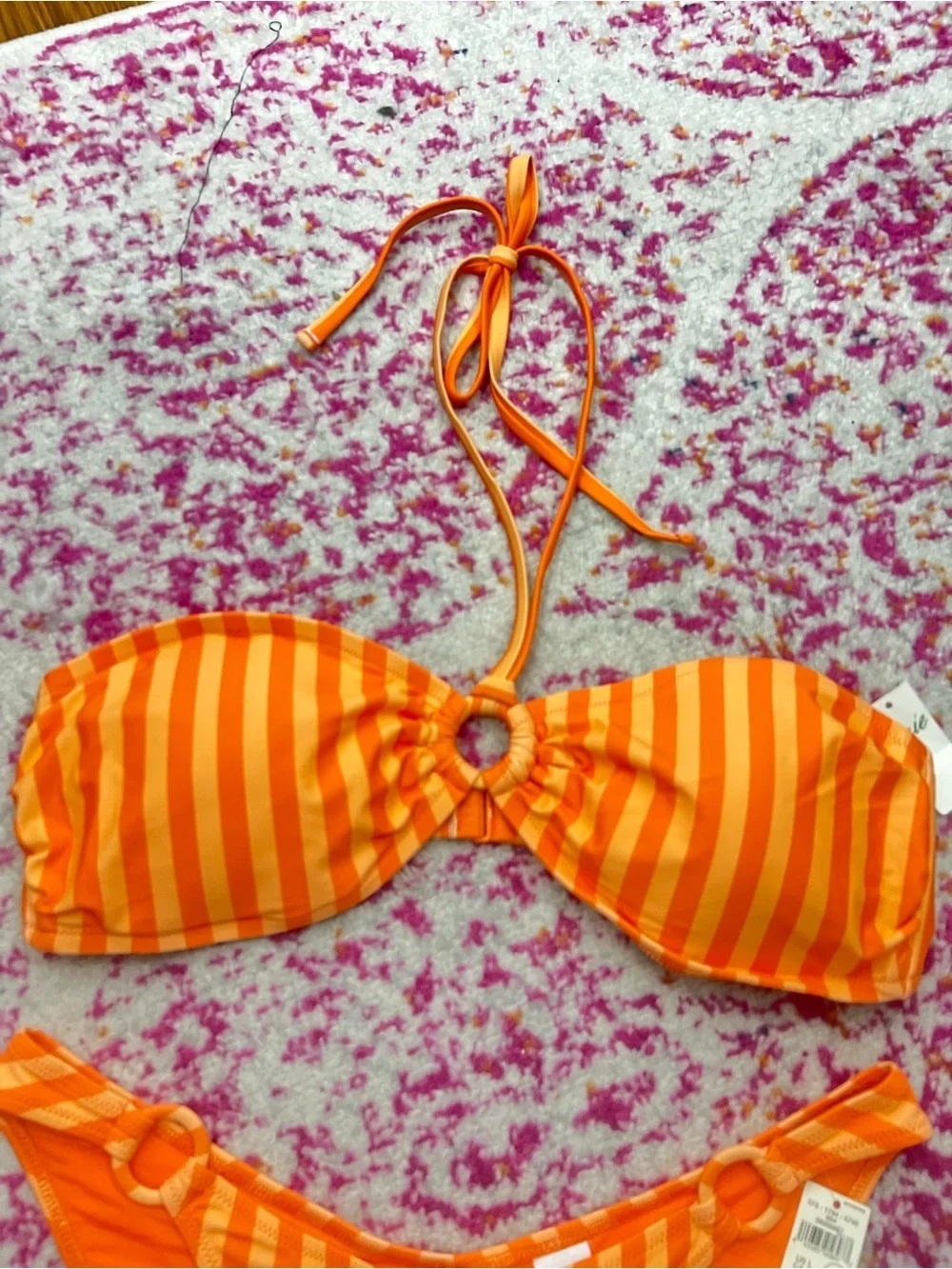 NWT Aerie O-ring Cheeky Halter Bikini Size Large Orange Geranium Stripes